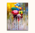 Schilderij 'Ten Couples and a Single' in Afremov-stijl; groep mensen met kleurrijke paraplu's in de regen. Olieverf op canvas, handgeschilderd door Grootmeesters.