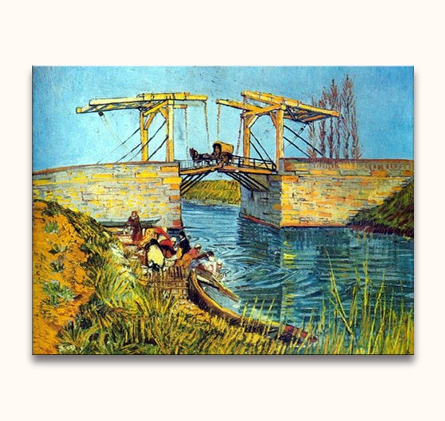 Vincent van Gogh - Pont Langlois in Arles: Een olieverfschilderij met een houten ophaalbrug, paard en wagen, en vrouwen bij het water, in impressionistische stijl.