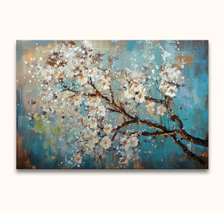 Pluimbloesem - Olieverf op canvas: Abstracte schilderij met een bruine tak en witte bloesems op een blauwgroene achtergrond, expressief en romantisch in moderne stijl.