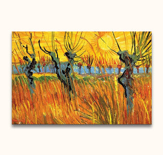 Vincent van Gogh - Knotwilgen schilderij: levendig landschap met knotwilgen en graanvelden, opgezet op houten frame, klaar om op te hangen, ideaal voor kunstliefhebbers.