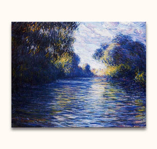 Claude Monet – Morning on the Seine: Impressionistisch olieverfschilderij van een kabbelende rivier onder bomen, met zonlicht en kleur, klaar om op te hangen, zonder lijst nodig.