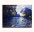 Claude Monet – Morning on the Seine: Impressionistisch olieverfschilderij van een kabbelende rivier onder bomen, met zonlicht en kleur, klaar om op te hangen, zonder lijst nodig.