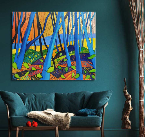 Handgeschilderd schilderij Winter Trees met David Hockney-signatuur boven een teal-groene bank, met kleurrijke bomen in een abstract landschap.