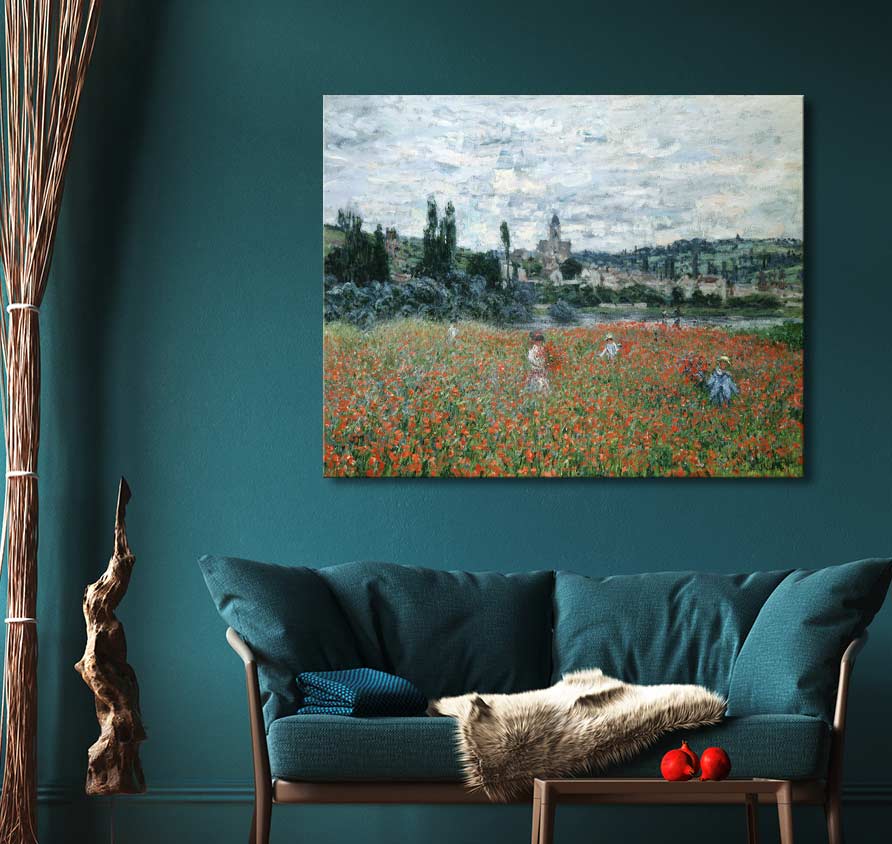 Claude Monet's Poppy field near Vétheuil impressionist landscape painting above teal loveseat, adding elegance to a modern, nature-inspired sitting area.