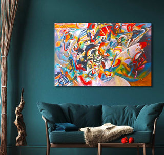 Wassily Kandinsky's Composition VII oil painting, vibrant abstract art on teal wall, displayed above a matching settee with modern decor elements.