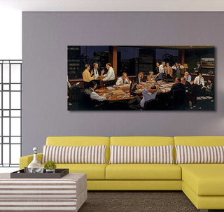 Jimmy Dyer's 'The Closing': a hand-painted oil canvas depicting a classic boardroom scene with men around a table, showcasing modern realistic art.