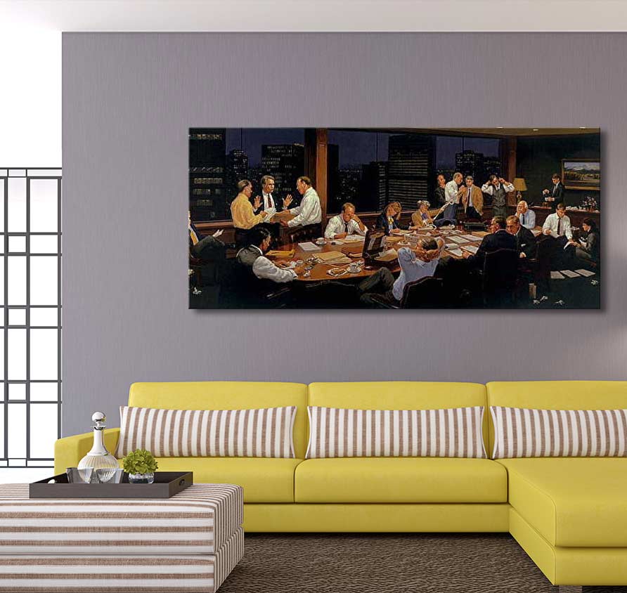 Jimmy Dyer's 'The Closing': a hand-painted oil canvas depicting a classic boardroom scene with men around a table, showcasing modern realistic art.