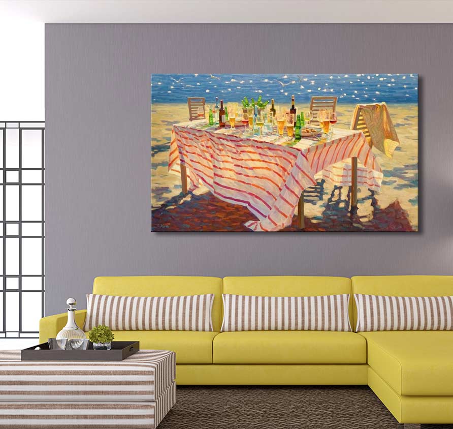 Juane Xue's Zonnige zee showcases a vibrant beachside table scene, enhancing modern interiors with its high-quality, hand-painted realism. Perfect for contemporary spaces.