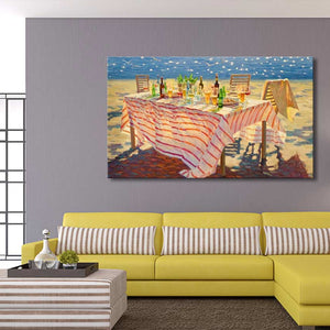 Juane Xue's Zonnige zee showcases a vibrant beachside table scene, enhancing modern interiors with its high-quality, hand-painted realism. Perfect for contemporary spaces.