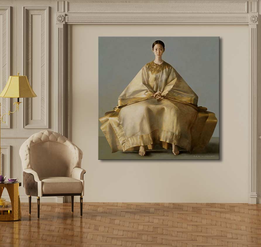 Handgeschilderd schilderij Gold Moon van Lu Jun Jian, toont een dame in een goud satijnen jurk, zittend op een bankje in klassieke setting.
