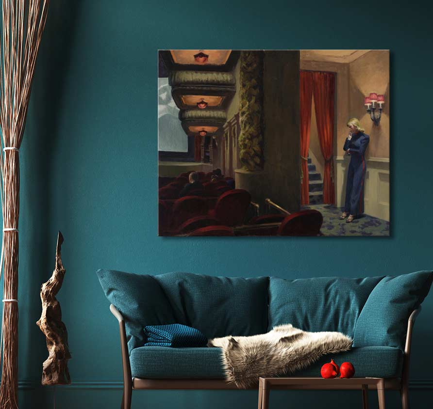 Edward Hopper's 'New York Movie' toont een vrouw in een theater. Hoogwaardig, handgeschilderd olieverf op museumkwaliteit canvas, klaar om op te hangen.