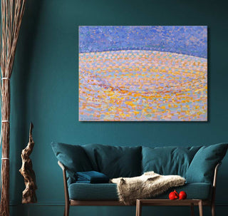 Piet Mondriaan - Duin III: A pastel mosaic-style painting, elegantly displayed above a teal sofa in a modern living room, enhancing interior decor with its artistic charm.