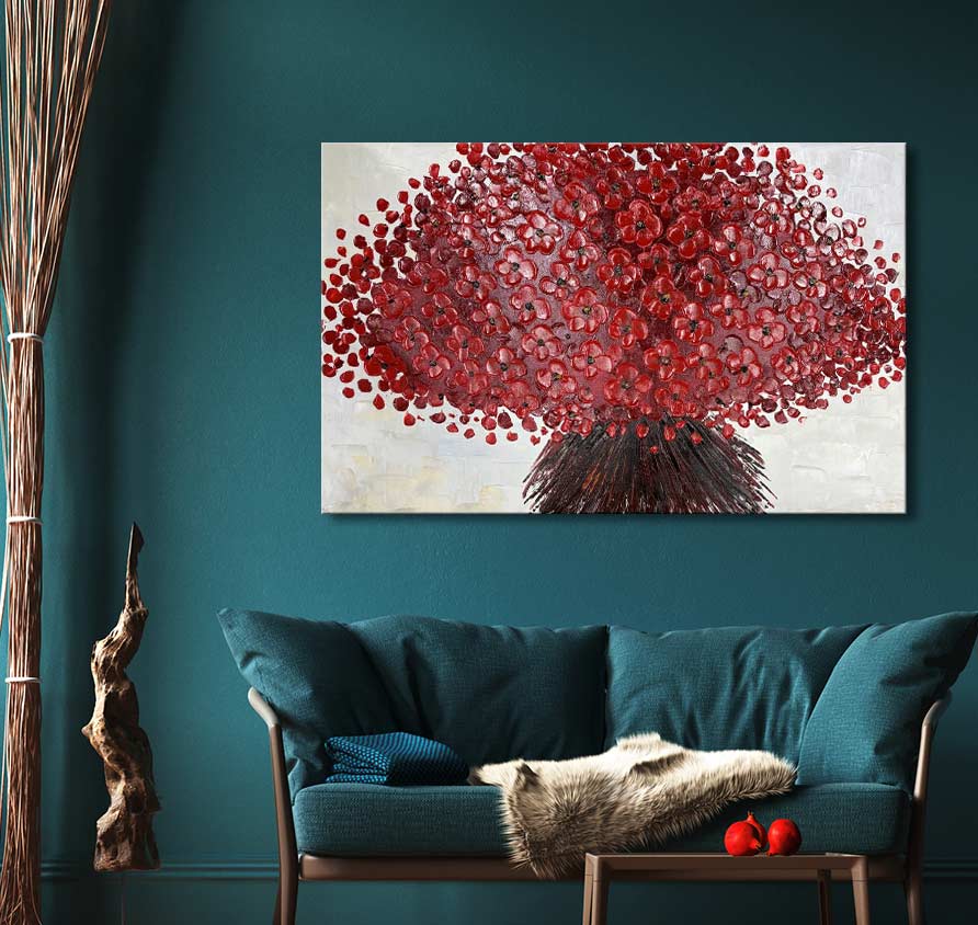 Rode Klaprozen – Dikke olieverf op canvas. Moderne paletmes kunst toont rode klaprozen in bloei, gespannen op houten frame, klaar om op te hangen.