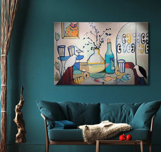 William Crosbie's Breakfast Birds painting features abstract bottles, vases, birds, and fish, perfect for modern interiors. High-quality oil on canvas, ready to hang.