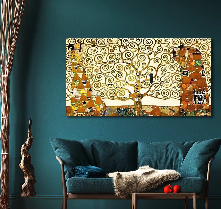 Gustav Klimt's Tree of Life reproduction painting in a living room setting, featuring swirling branches in gold tones, hand-painted on museum-quality canvas.