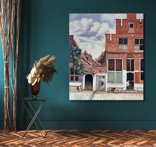 Johannes Vermeer – Het Straatje van Vermeer, handgeschilderd olieverfschilderij. Barokke complexiteit met realisme en symboliek. Opgespannen canvas, klaar voor ophanging.
