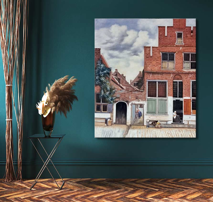 Johannes Vermeer – Het Straatje van Vermeer, handgeschilderd olieverfschilderij. Barokke complexiteit met realisme en symboliek. Opgespannen canvas, klaar voor ophanging.