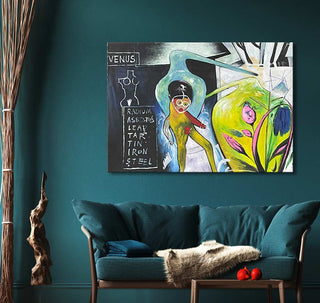 Jean Michel Basquiat's Ex-ringeye painting features abstract forms, industrial materials, and vibrant colors, enhancing a teal-themed living room with a modern, artistic touch.