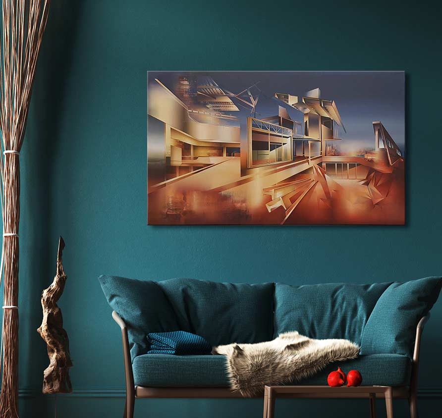 Martin Kobe's hand-painted abstract artwork in warm tones, depicting a deconstructed architectural scene, hangs above a teal sofa in a modern living room setting.