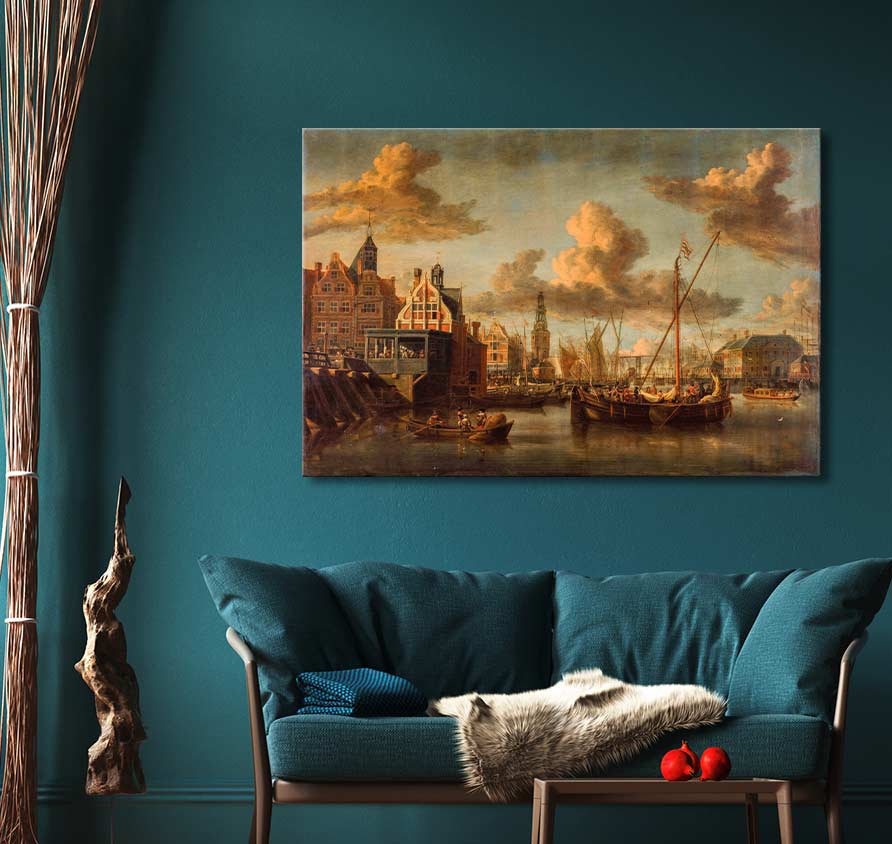 Abraham Storck’s Zicht op het IJ hangs in a teal living room, showcasing classic Dutch harbor scenes with ships and clouds, enhancing interior elegance.