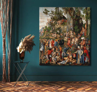 Albrecht Dürer's Marter der zehntausend Christen oil painting, featuring numerous detailed figures in classical attire on a rocky hillside, displayed on a teal wall.