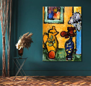 Alexei von Jawlensky's Gelbe Kaffeekanne painting, featuring a yellow coffee pot, complements a modern interior with its vibrant, hand-painted impressionist style.