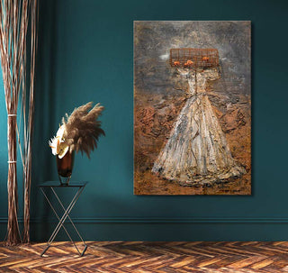 Anselm Kiefer's Heldentum painting features a vintage-style gown with textured, earthy tones and metal elements, set against a deep teal-green wall.