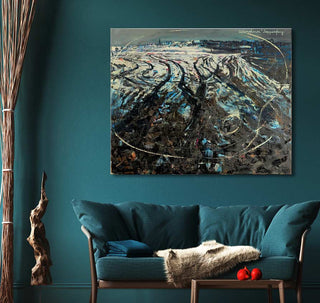 Anselm Kiefer's 'Unternehmen Trappenfang' painting in a modern corner with teal sofa, textured decor, and natural elements. Ideal for art-inspired interiors.