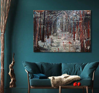 Anselm Kiefer's Waldsteig Gedicht painting showcases a textured wintry forest path with red, white, and brown hues, enhancing the moody, artistic ambiance.