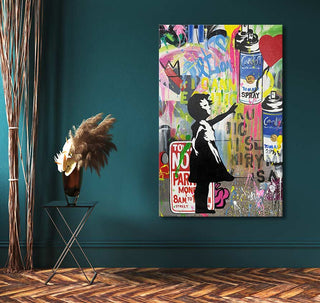 Banksy-inspired Girl with Balloon 3 painting, featuring street pop art style with a black silhouette girl, graffiti elements, and vibrant imagery.
