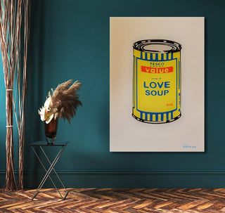 Banksy - Tin of Love Soup: Hand-painted pop art canvas depicting a stylized tin can. Mounted on teal wall, ideal for fans of street art.