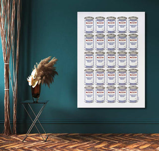 Banksy - Value Tomato Soup 25 art print features a 5×5 grid of tomato soup cans, embodying pop art style. Ideal for modern interiors.