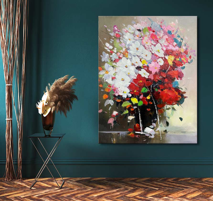 Handgeschilderd schilderij ‘Bloemen uit Madrid’, impressionistisch olieverfwerk met rode en witte bloemen. Geschilderd met paletmes, op canvas, klaar om op te hangen.