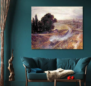 Cozy living-room with teal sofa, featuring Carl Spitzweg's 'Poetischer Realismus' landscape painting, depicting a steam train in a rural scene.