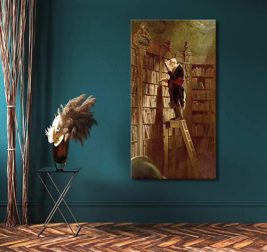 Carl Spitzweg - Der Bücherwurm: Tall canvas of an elderly man on a library ladder reading, surrounded by a sleek side table and decorative elements.