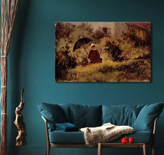 Carl Spitzweg's Deutsche Romantik oil painting depicts a woman in a sunlit garden with an umbrella, enhancing this teal-themed living room's cozy atmosphere.