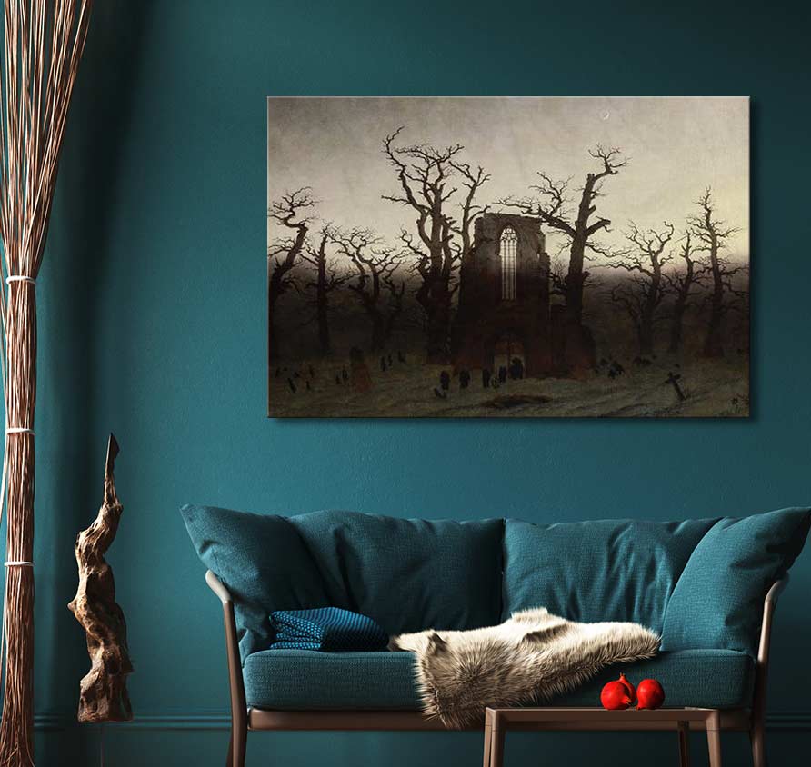 Caspar David Friedrich's Abtei im Eichwald oil painting, depicting a Gothic chapel amid bare trees, enhances a teal-themed living room with its moody, romantic style.