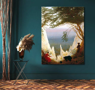 Framed reproduction of Caspar David Friedrich's Kreidefelsen auf Rügen oil painting, featuring three figures on a cliff, ready to hang.