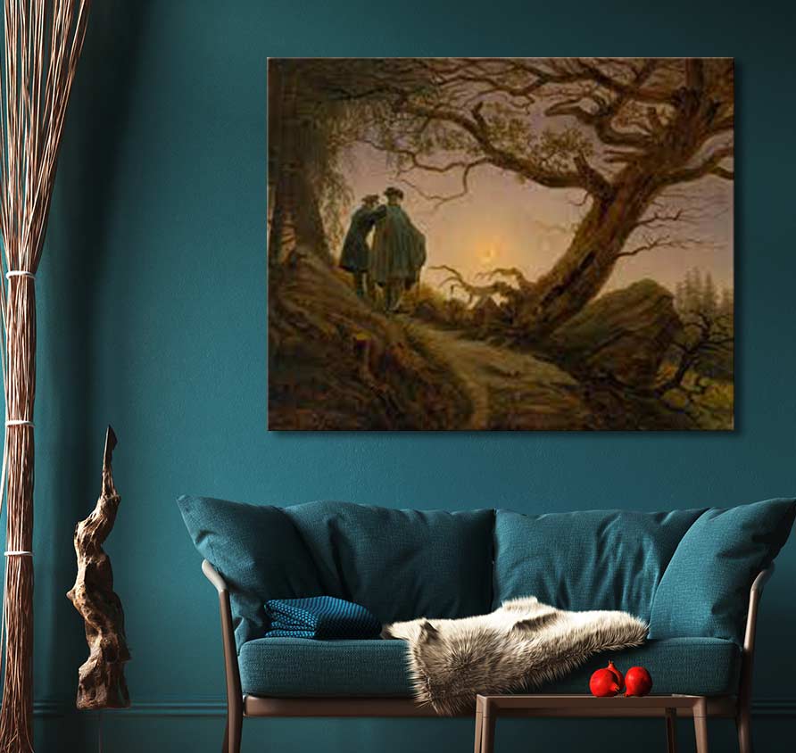 Caspar David Friedrich's Zwei Männer in Betrachtung des Mondes oil painting, depicting two figures under moonlight, elegantly framed in a modern living space.