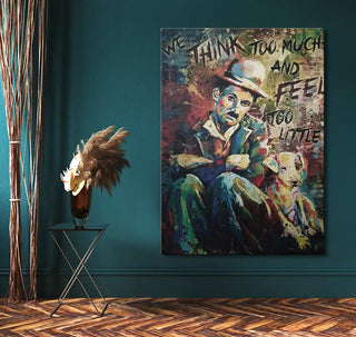 Charley Chaplin - Olieverf op canvas: A vibrant pop art painting of Charlie Chaplin with a dog, featuring the quote, WE THINK TOO MUCH AND FEEL TOO LITTLE.