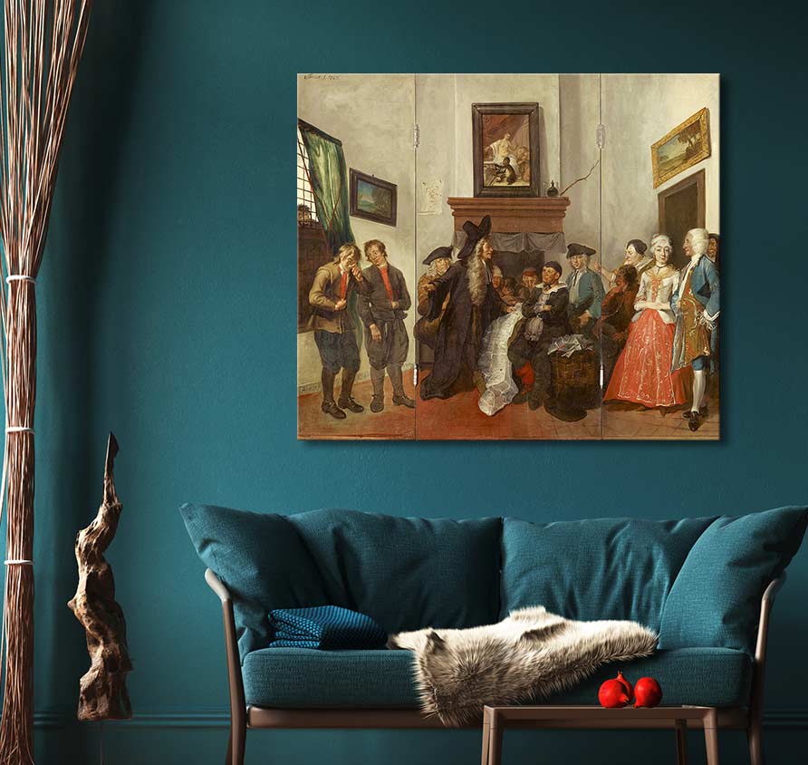 Cornelis Troost's triptych 'Beslikte Swaantje' features an 18th-century scene with people in period dress, meticulously painted, enhancing any elegant living space.