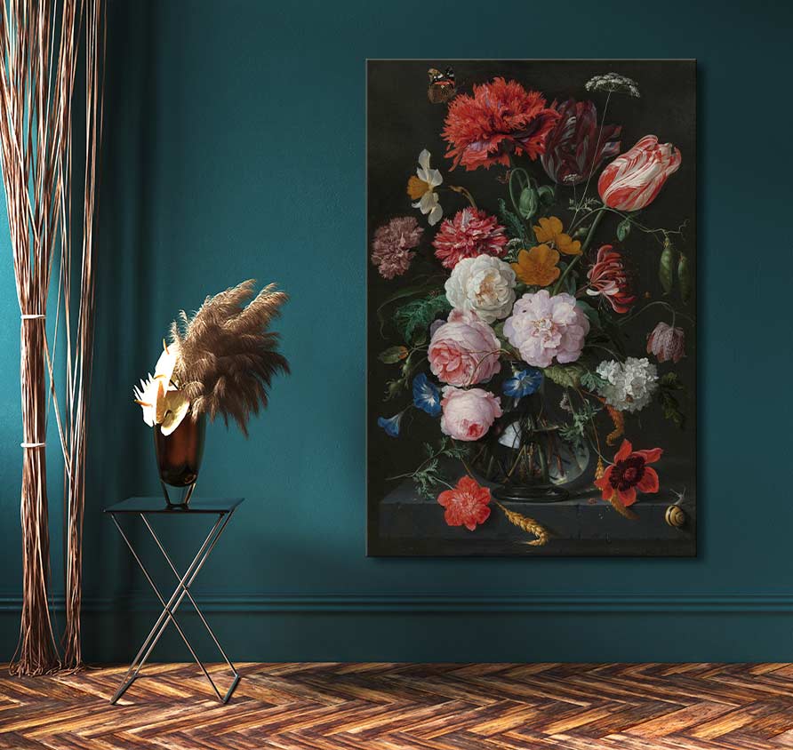 Still-life painting Jan Davidsz - De Heem featuring vibrant flowers, a butterfly, and a snail, displayed in a stylish teal interior with a modern side table.