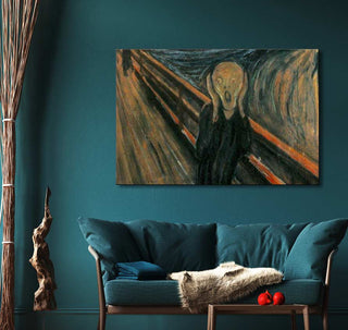 Edvard Munch - De Schreeuw reproduction in oil, mounted on teal wall above a deep teal sofa, accented with pillows and faux-fur throw.