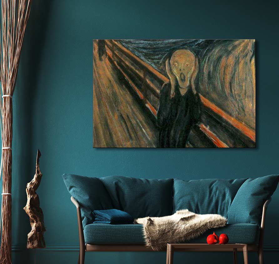 Edvard Munch - De Schreeuw reproduction in oil, mounted on teal wall above a deep teal sofa, accented with pillows and faux-fur throw.