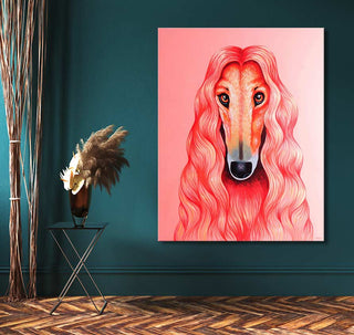 Stylized Afghan hound head with flowing pink-red hair on high-quality oil canvas, displayed on deep teal wall with black metal side table and pampas plumes.