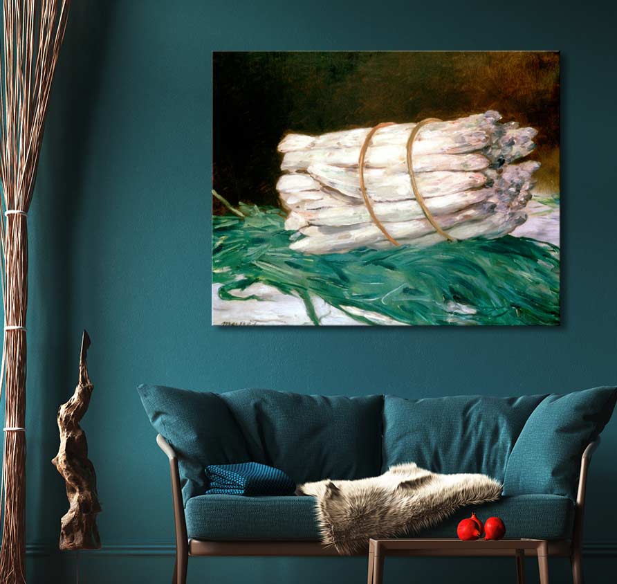 Édouard Manet's Een Bundel Asperges oil painting, depicting white asparagus on foliage, hangs above a teal loveseat in a cozy sitting area.
