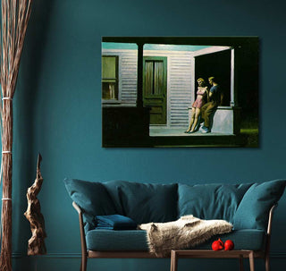 Edward Hopper-style painting Summer Evening with a man and woman on a porch at night, oil on canvas, hangs above a mid-century couch.