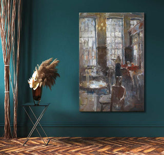 Flip Gaasendam's 'De drie gezusters: De bediening' oil painting shows a café interior with a figure at a counter, enhancing any living space.