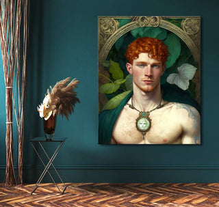 Ginger Man - Olieverf op canvas: Portrait of a shirtless, curly-red-haired man with a medallion necklace. Hand-painted, modern palette knife style.