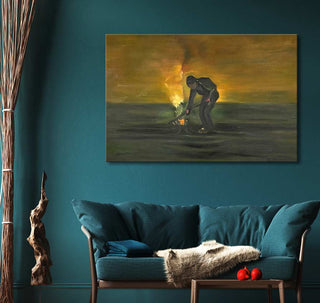 Vincent van Gogh's Boer die Onkruid Verbrandt painting above a teal loveseat, depicting a farmer burning weeds, enhancing a cozy, modern living room corner.